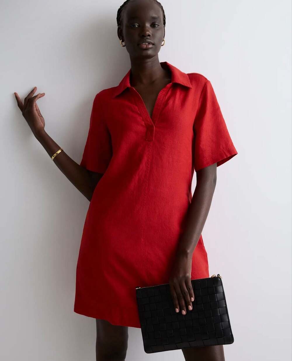 Quince 100% European Linen Popover Mini Dress Small Chile Red